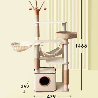 Fully Wrapped Wooden Cat Tower with Replaceable Dangling Balls and Scratching Sisal Posts