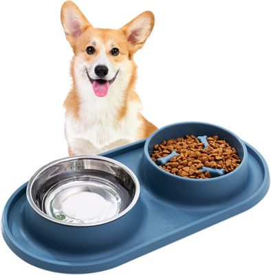 Blue Dog Bowls Slow Feeder Pet Bowl with Silicone Mat No Chocking Healthy Design Bowl