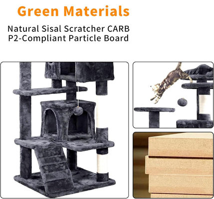 OEM/ODM Custom Luxury Dark Grey Plush Wood Multi-Storey Cat Villa with Climbing Tree