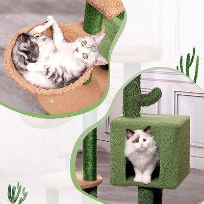 Wooden Modern Cat Sisal Scratcher Cactus Cat Tree with Hammock and Scratching Post