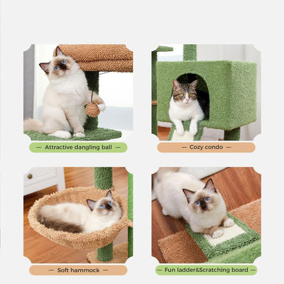 Wooden Modern Cat Sisal Scratcher Cactus Cat Tree with Hammock and Scratching Post