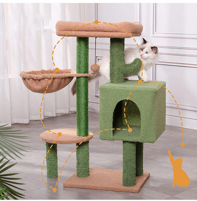 Wooden Modern Cat Sisal Scratcher Cactus Cat Tree with Hammock and Scratching Post
