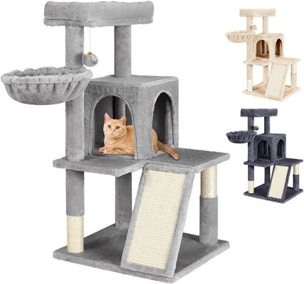 Sustainable Light Gray Cat Tree with Toy Cat Tower Condo Cat House and Padded Plush Perch