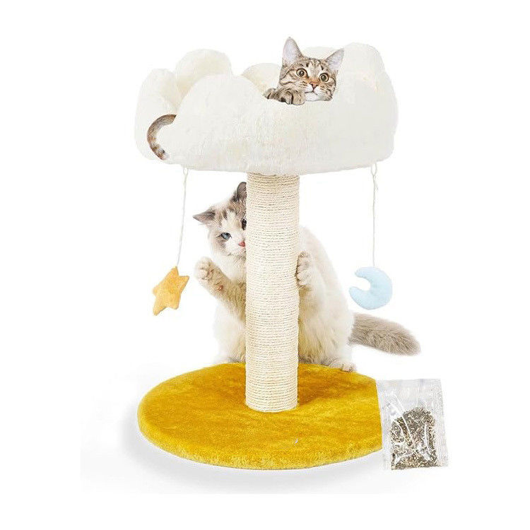 Indoor Pet House Nature Sisal Scratcher Cat Tree with Cozy Fluffy White Cloud Bed