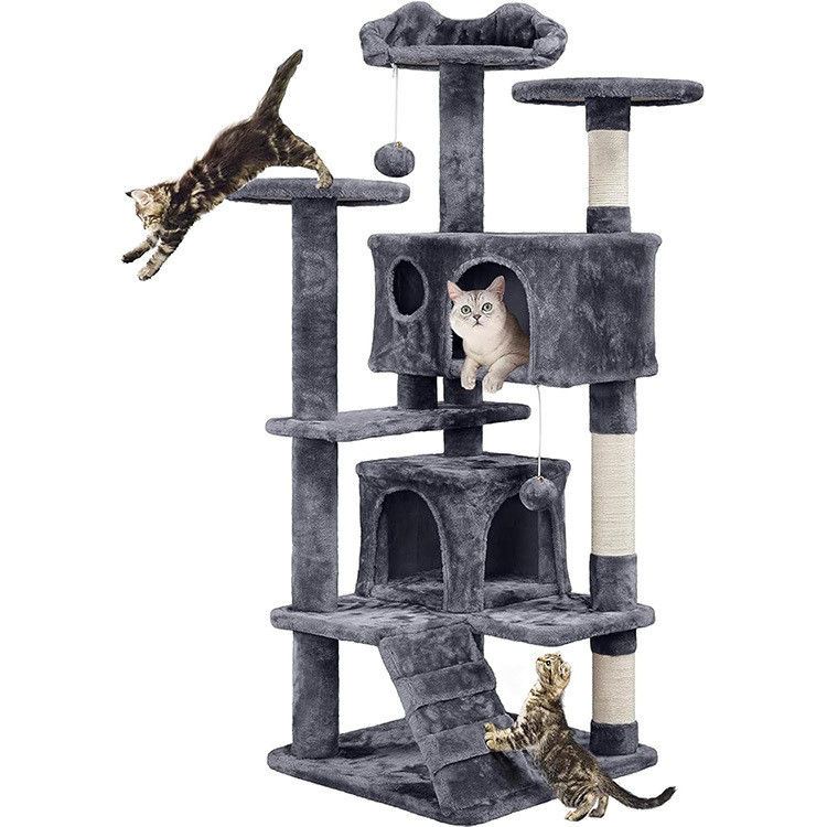 OEM/ODM Custom Luxury Dark Grey Plush Wood Multi-Storey Cat Villa with Climbing Tree