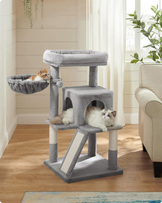 Sustainable Light Gray Cat Tree with Toy Cat Tower Condo Cat House and Padded Plush Perch